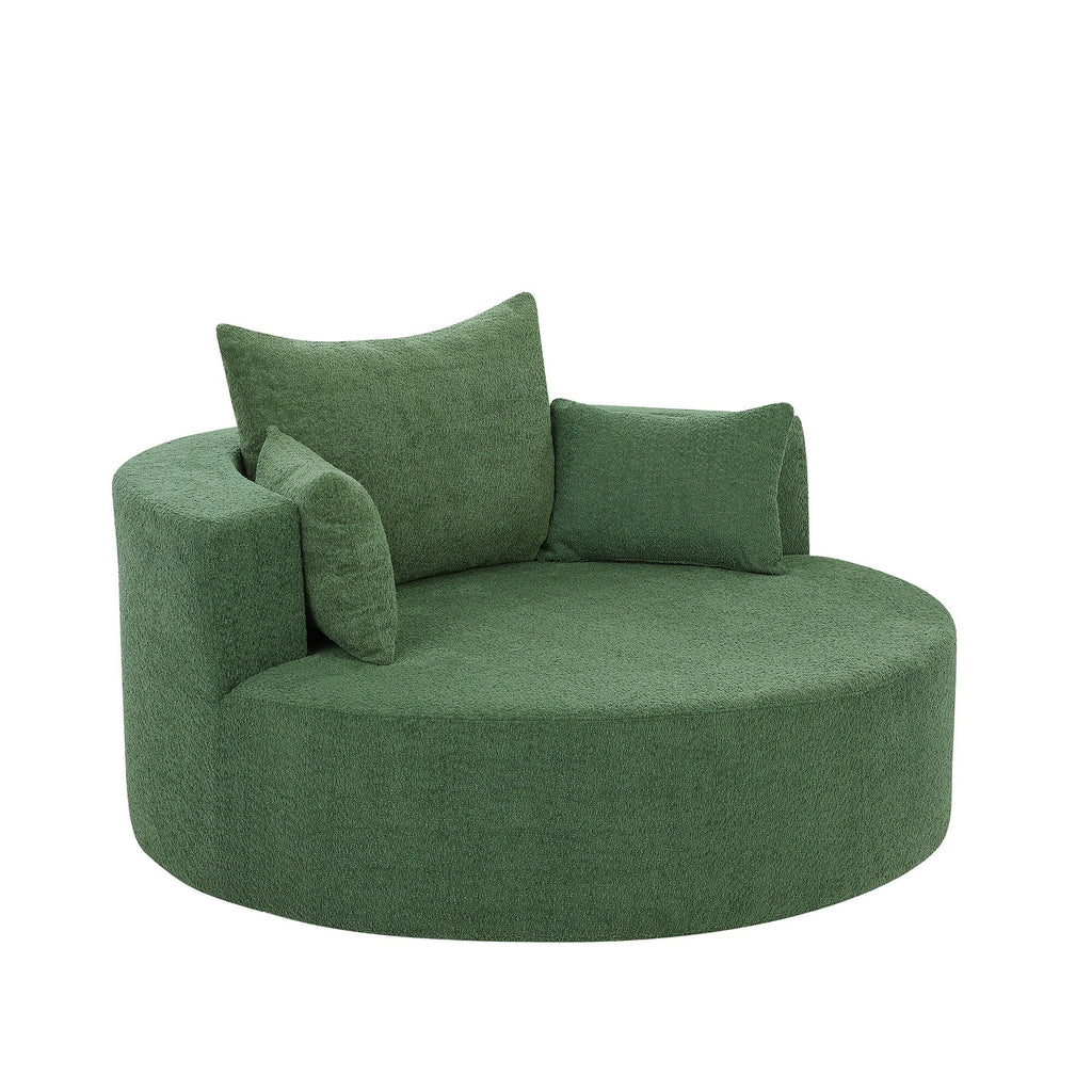 Fauteuil lounge rond en chenille, avec accoudoirs et base pivotante à 360° et 3 coussins amovibles