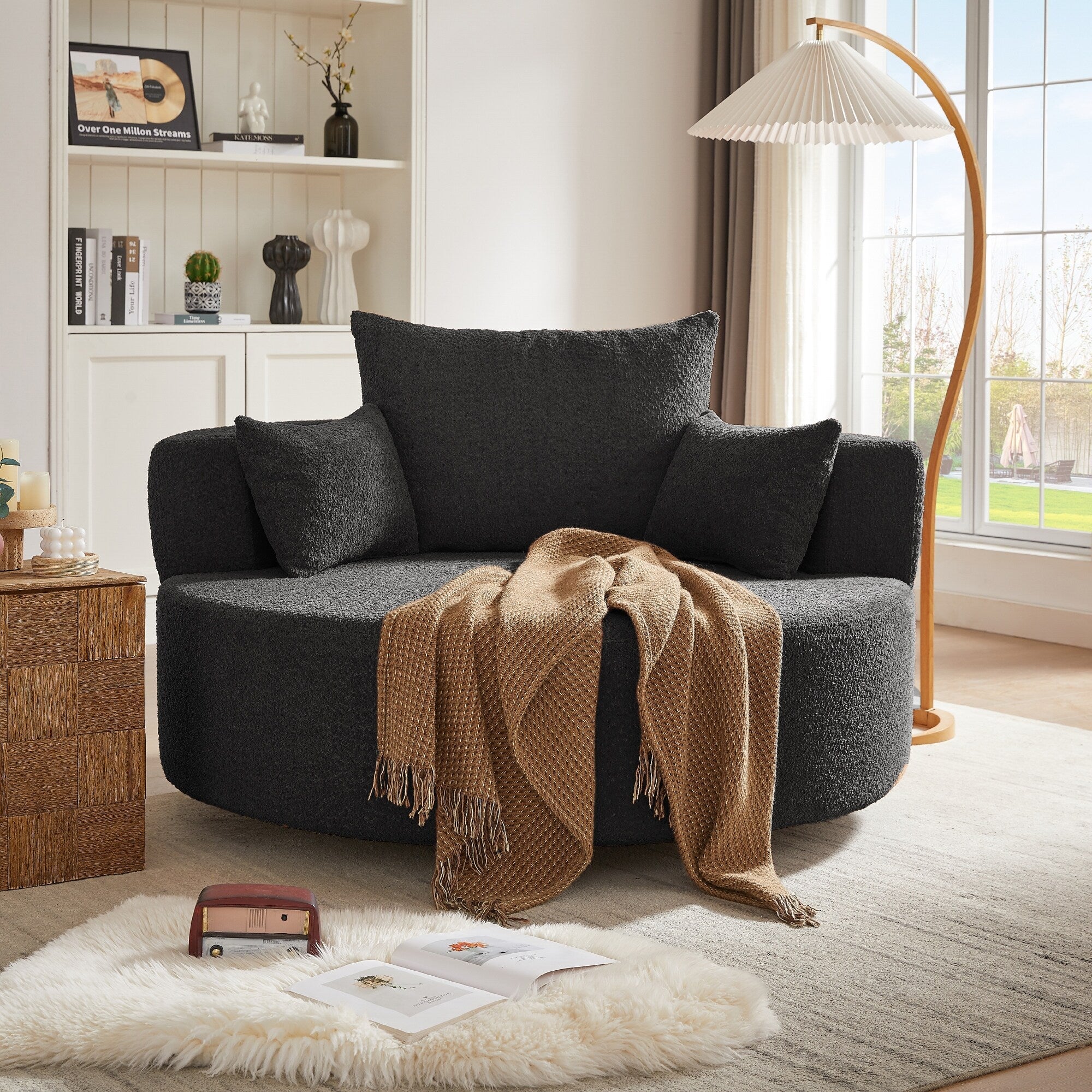 Fauteuil lounge rond en chenille, avec accoudoirs et base pivotante à 360° et 3 coussins amovibles