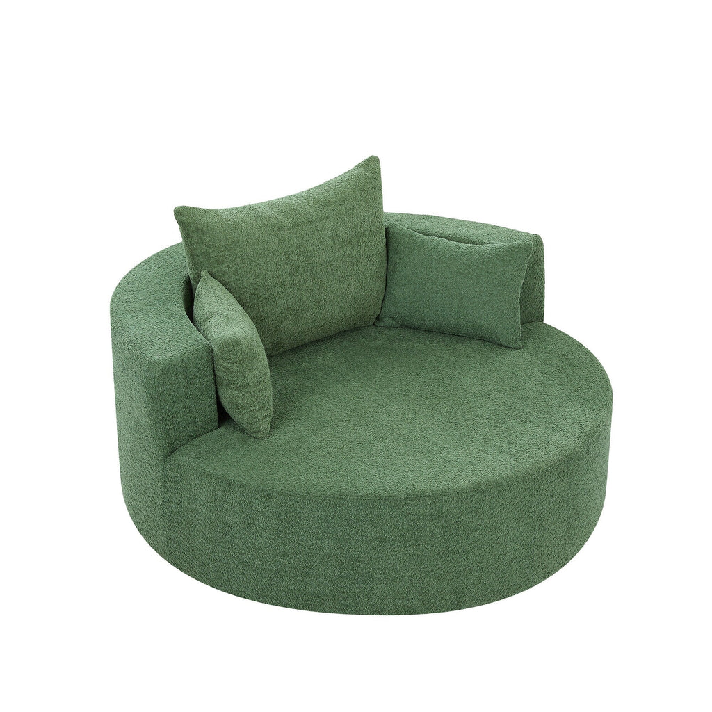 Fauteuil lounge rond en chenille, avec accoudoirs et base pivotante à 360° et 3 coussins amovibles