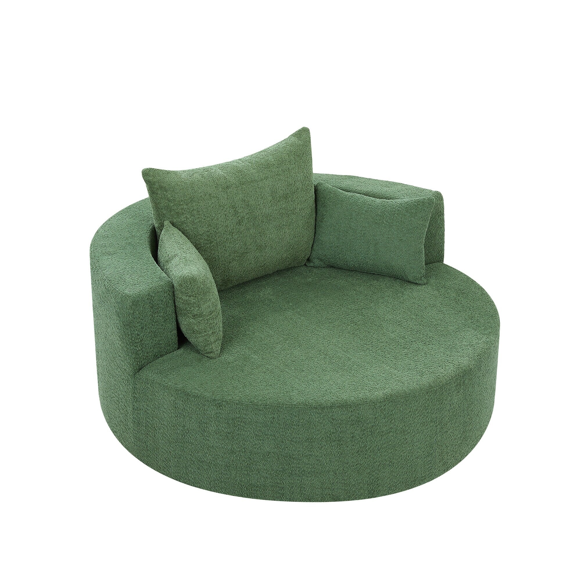 Fauteuil lounge rond en chenille, avec accoudoirs et base pivotante à 360° et 3 coussins amovibles