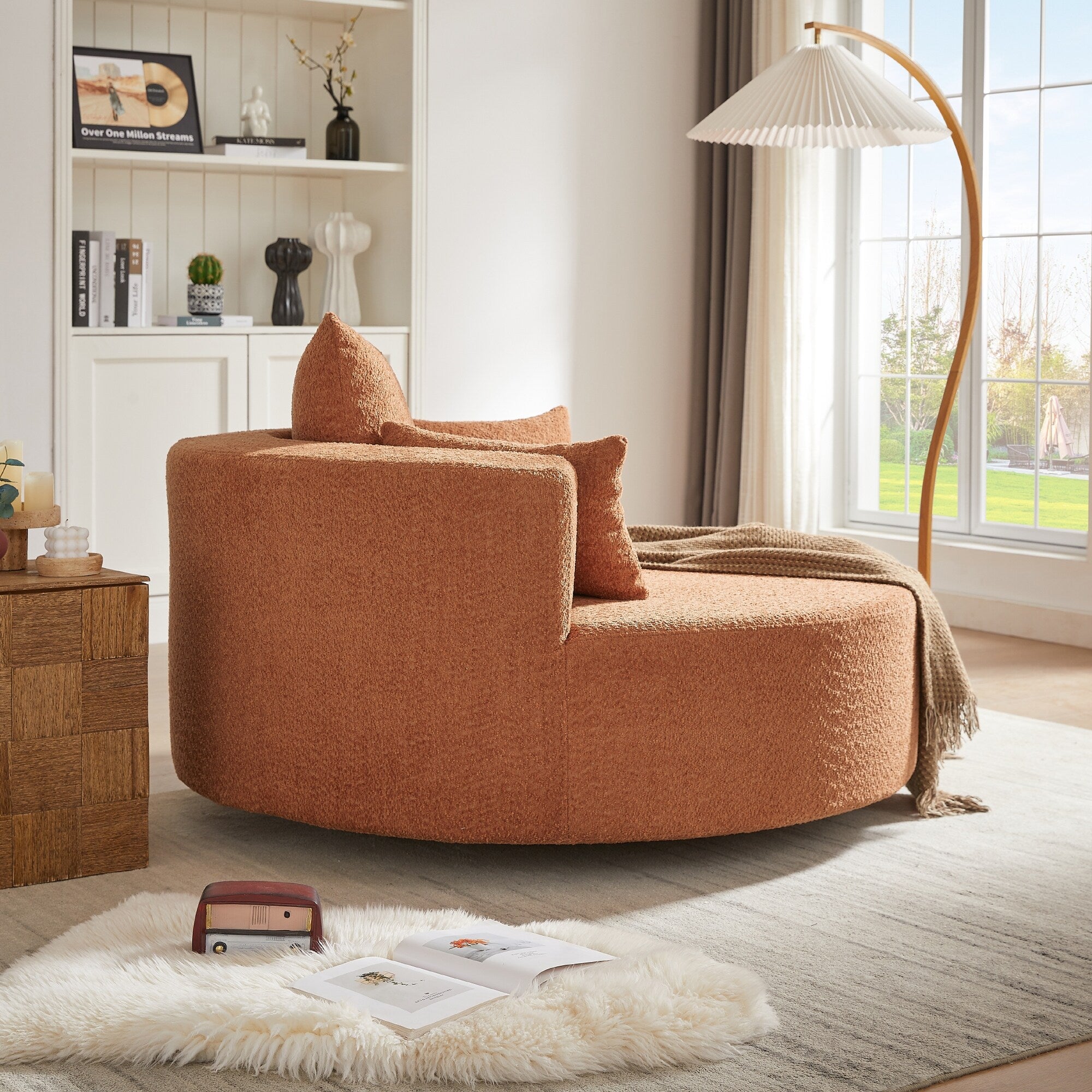 Fauteuil lounge rond en chenille, avec accoudoirs et base pivotante à 360° et 3 coussins amovibles