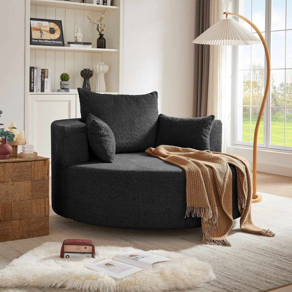 Fauteuil lounge rond en chenille, avec accoudoirs et base pivotante à 360° et 3 coussins amovibles