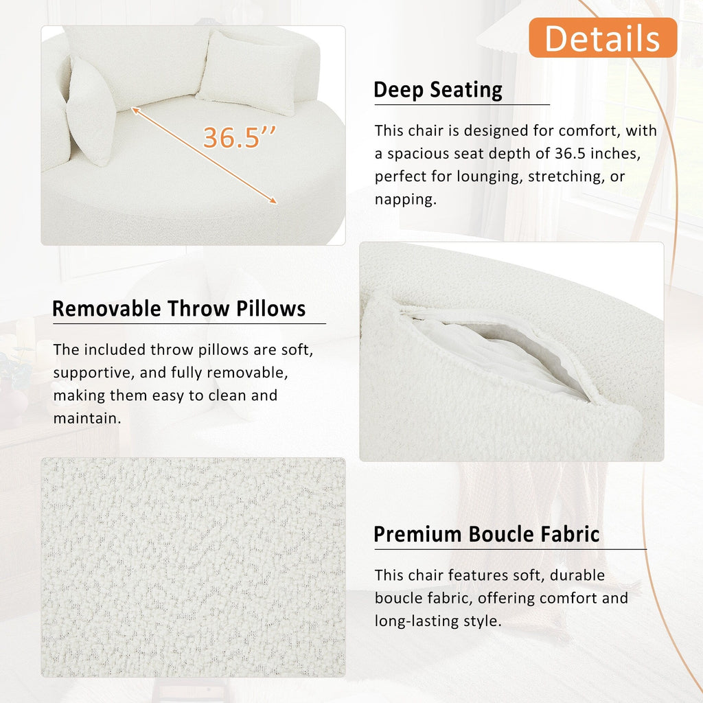 Fauteuil lounge rond en chenille, avec accoudoirs et base pivotante à 360° et 3 coussins amovibles