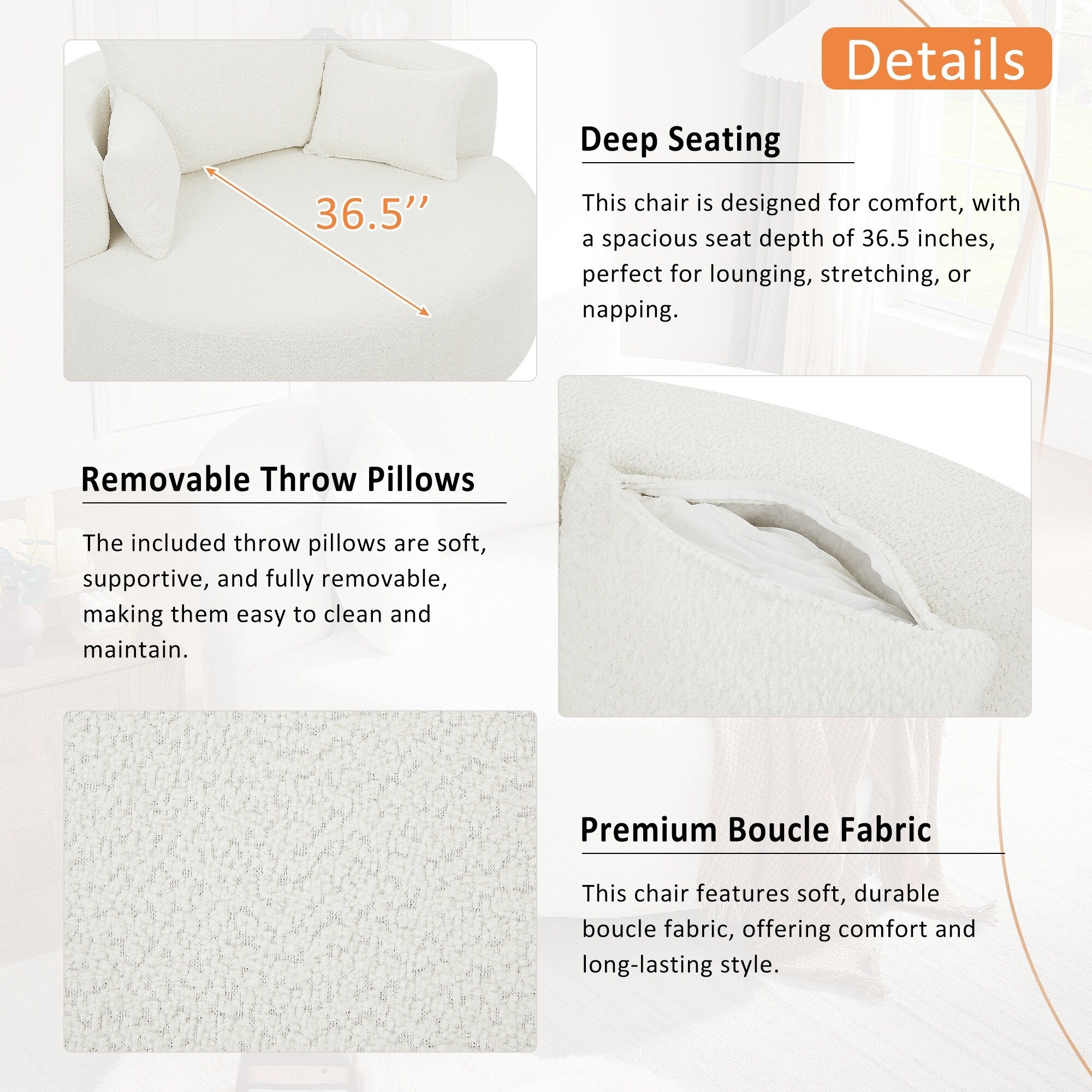 Fauteuil lounge rond en chenille, avec accoudoirs et base pivotante à 360° et 3 coussins amovibles