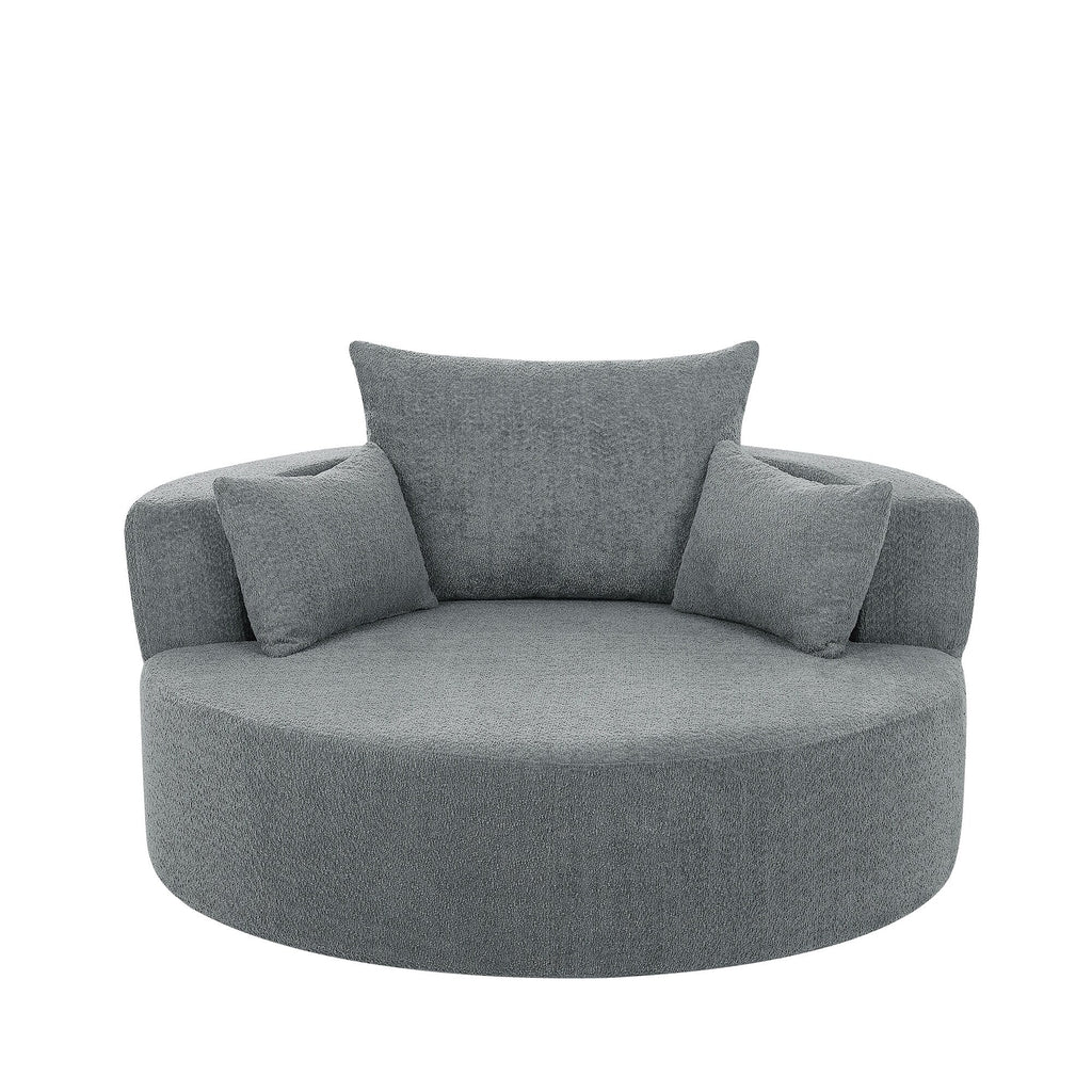Fauteuil lounge rond en chenille, avec accoudoirs et base pivotante à 360° et 3 coussins amovibles