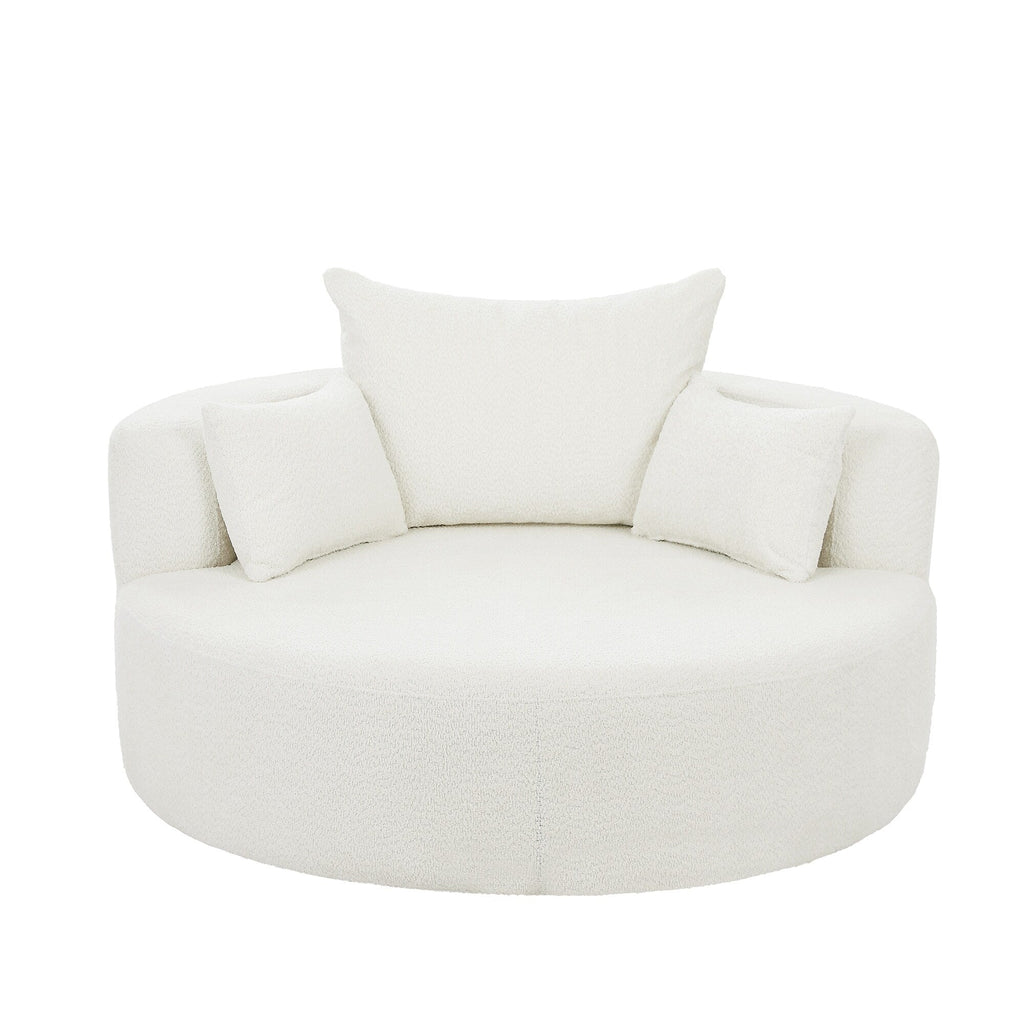 Fauteuil lounge rond en chenille, avec accoudoirs et base pivotante à 360° et 3 coussins amovibles