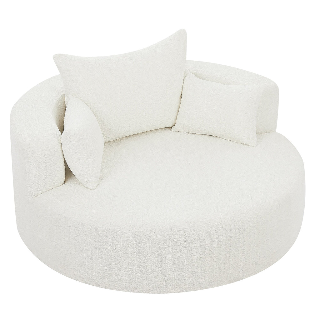 Fauteuil lounge rond en chenille, avec accoudoirs et base pivotante à 360° et 3 coussins amovibles