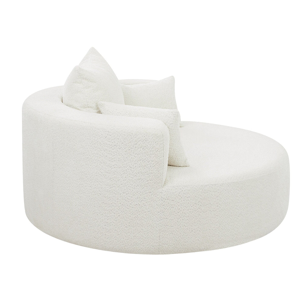 Fauteuil lounge rond en chenille, avec accoudoirs et base pivotante à 360° et 3 coussins amovibles