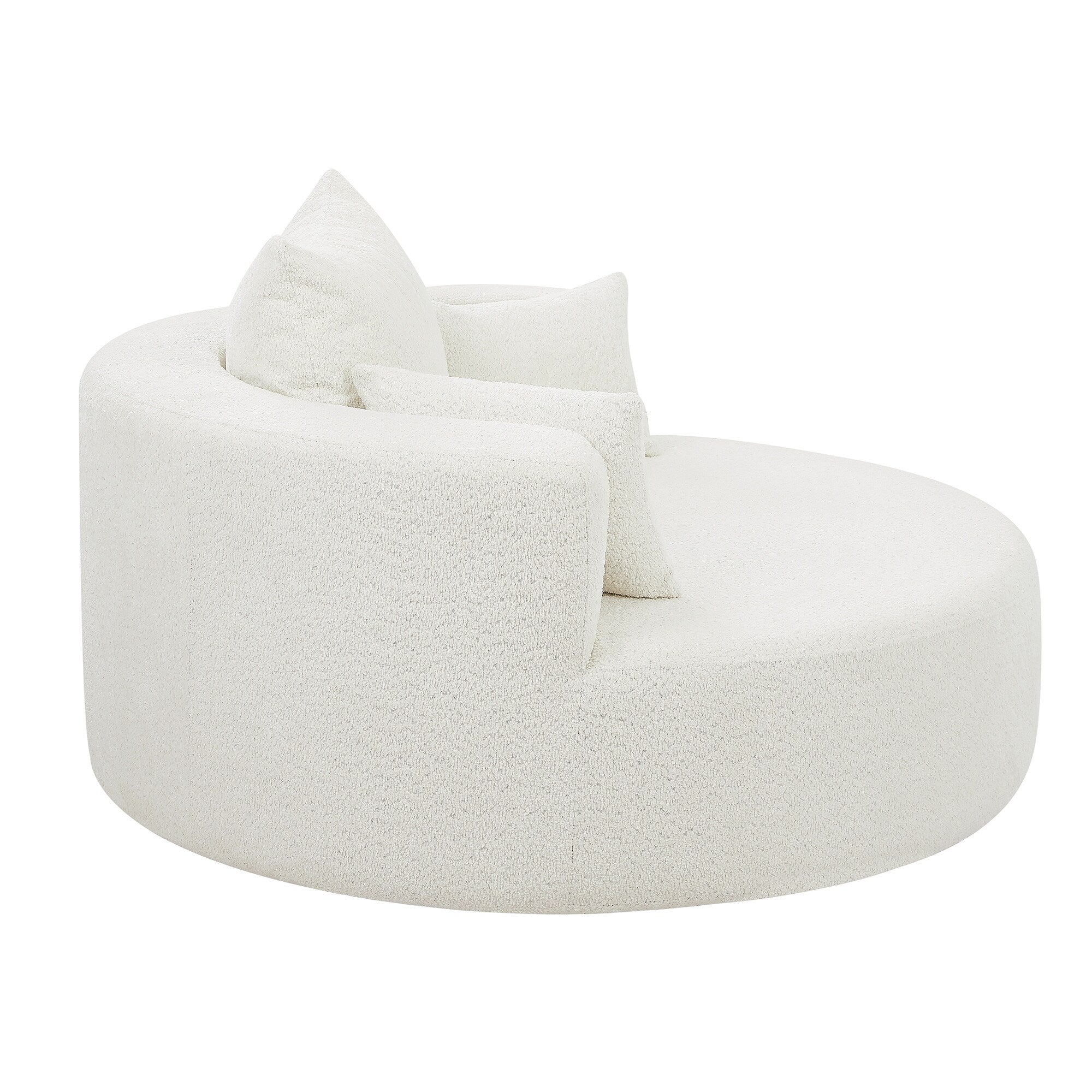 Fauteuil lounge rond en chenille, avec accoudoirs et base pivotante à 360° et 3 coussins amovibles