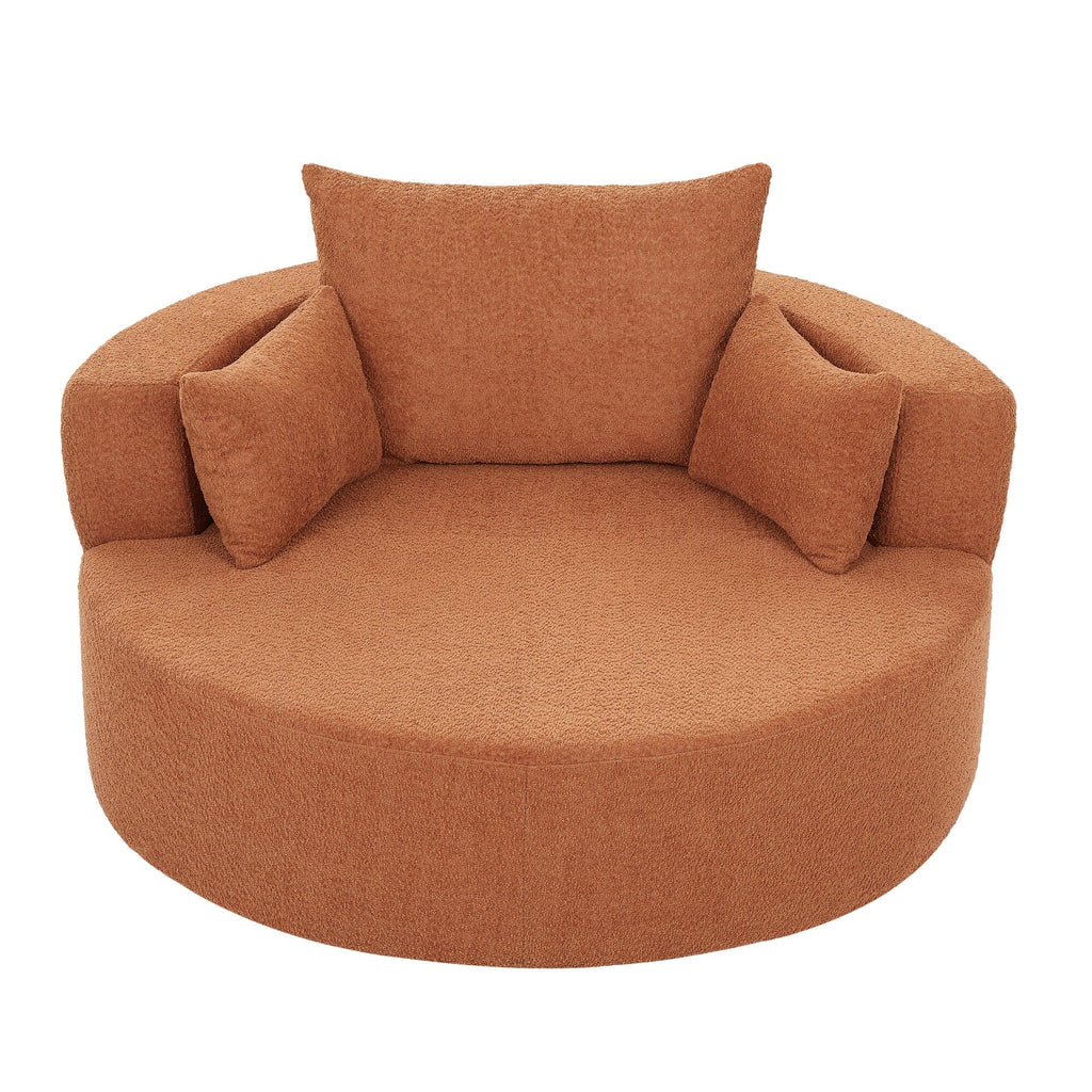Fauteuil lounge rond en chenille, avec accoudoirs et base pivotante à 360° et 3 coussins amovibles