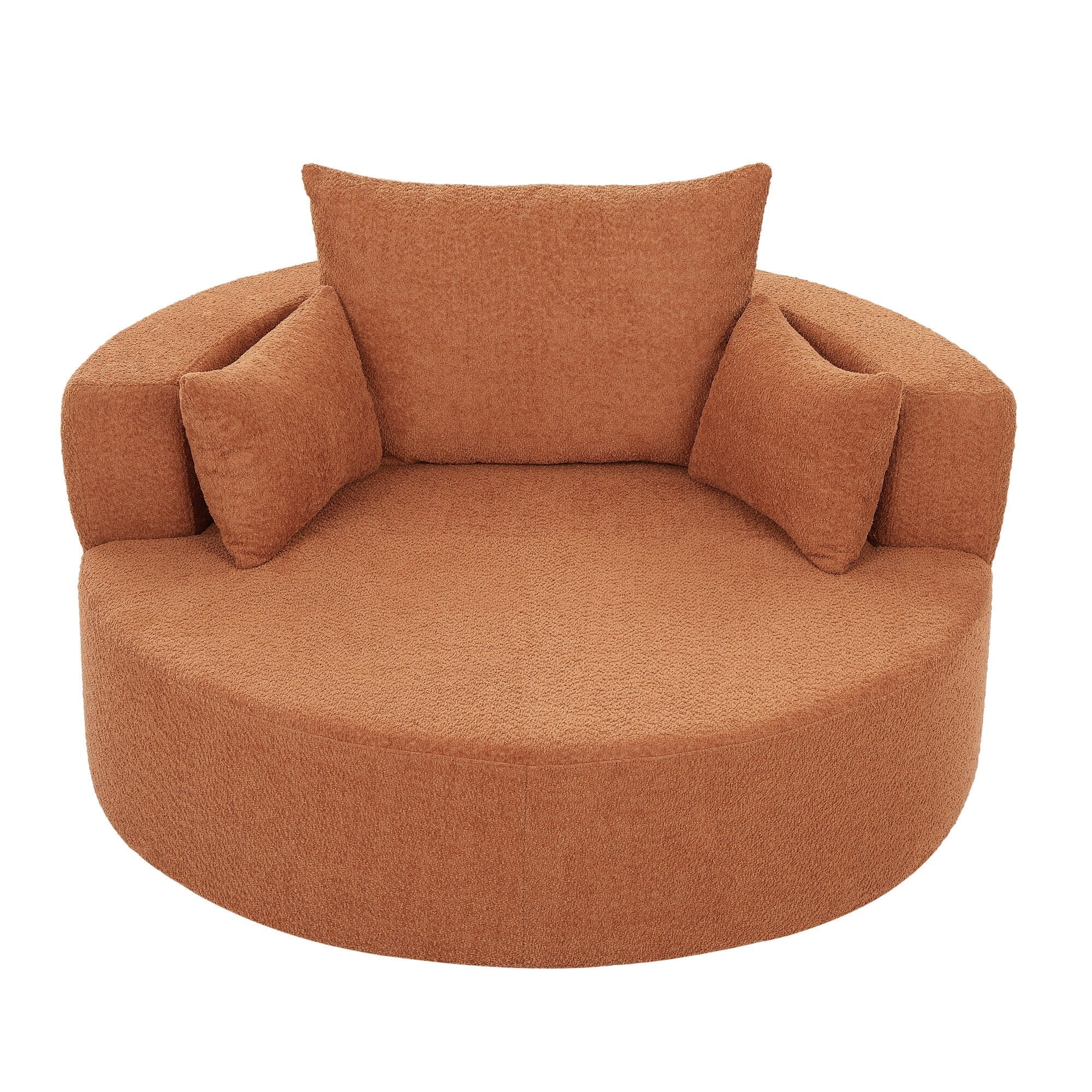 Fauteuil lounge rond en chenille, avec accoudoirs et base pivotante à 360° et 3 coussins amovibles