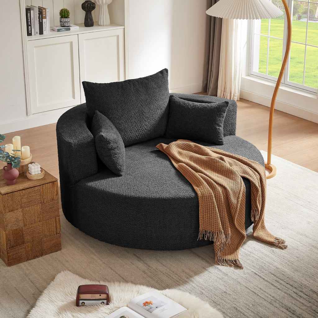 Fauteuil lounge rond en chenille, avec accoudoirs et base pivotante à 360° et 3 coussins amovibles
