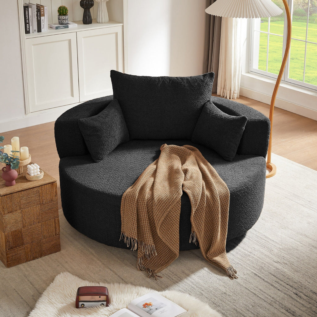 Fauteuil lounge rond en chenille, avec accoudoirs et base pivotante à 360° et 3 coussins amovibles