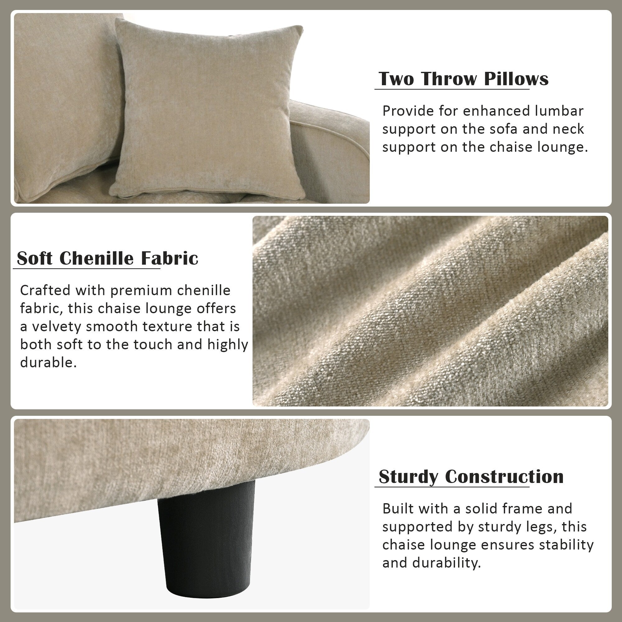 Canapé-lit méridienne en chenille, canapé rembourré avec dossier capitonné et 2 coussins amovibles pour salon