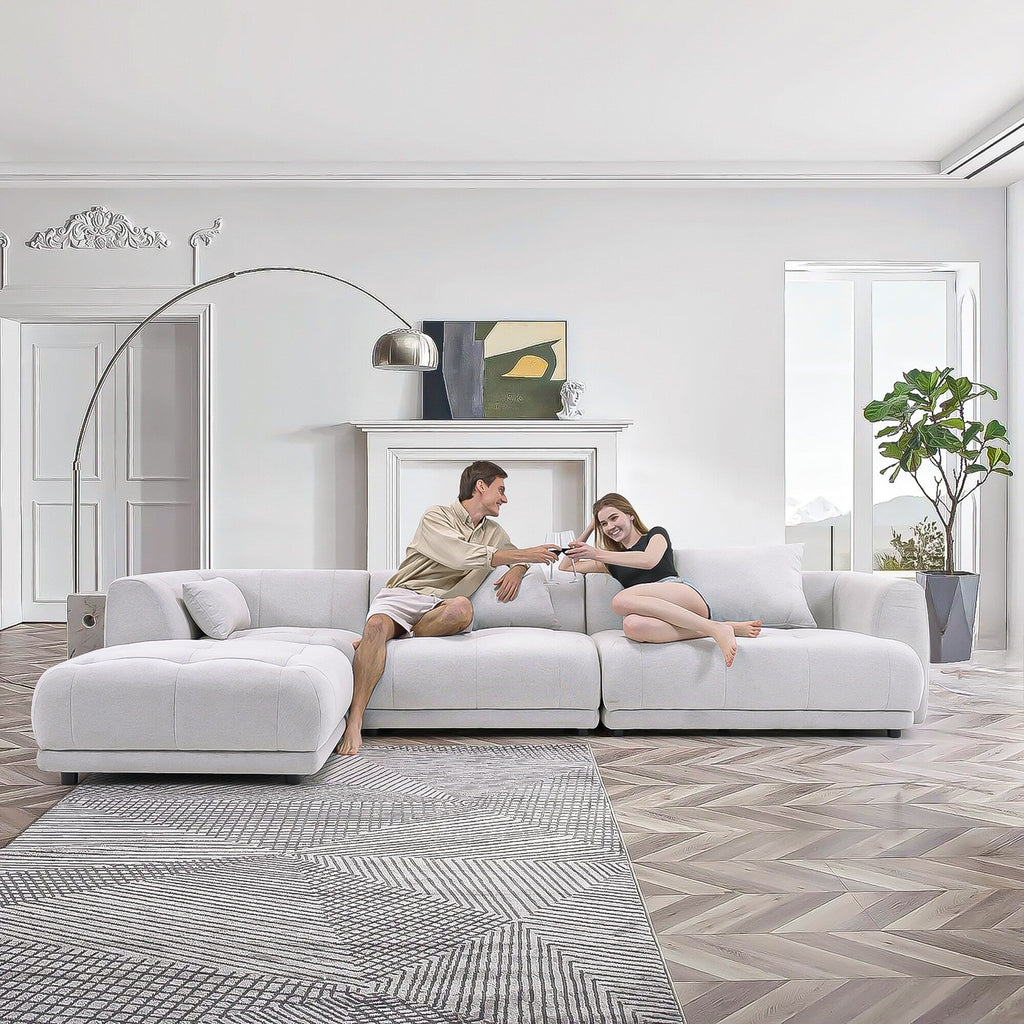 Canapé d'angle modulaire Cloud 144 avec pouf - Canapé de salon en tissu chenille moelleux