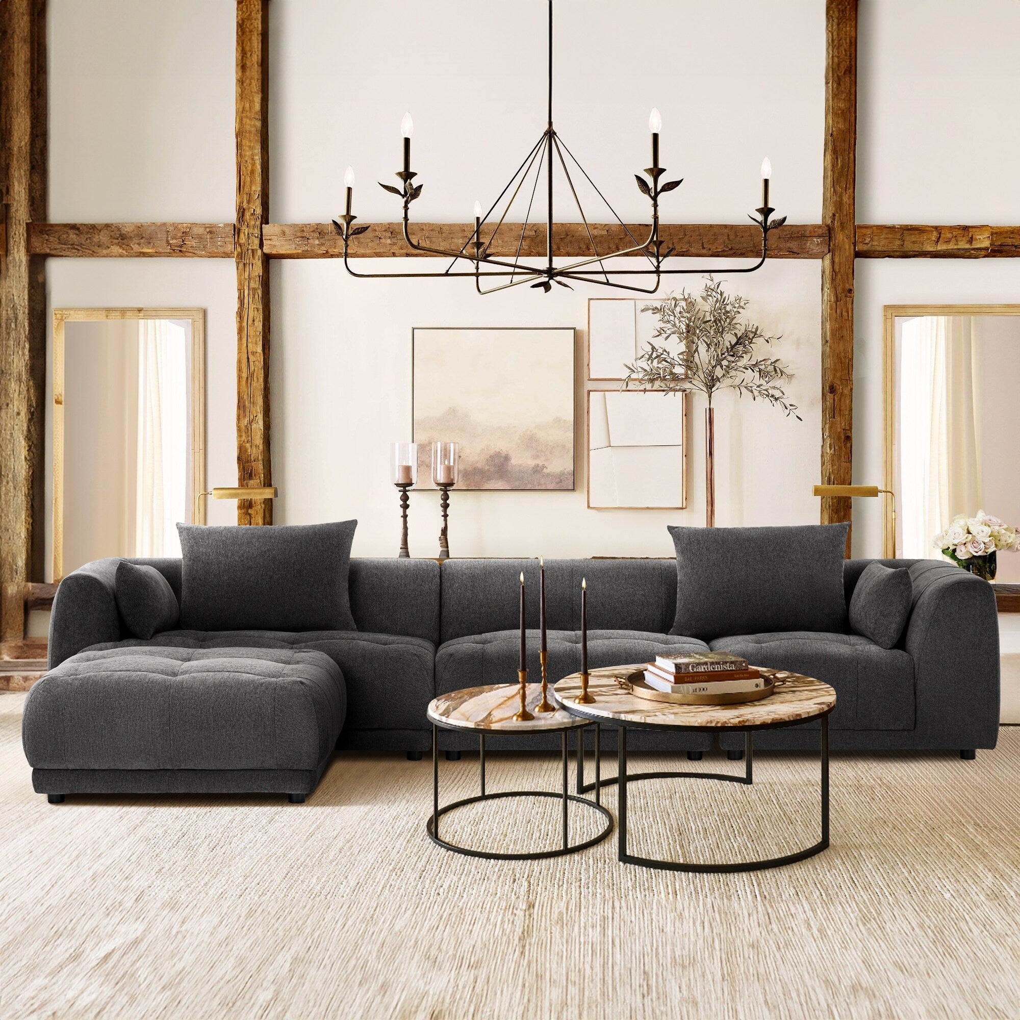 Canapé d'angle modulaire Cloud 144 avec pouf - Canapé de salon en tissu chenille moelleux