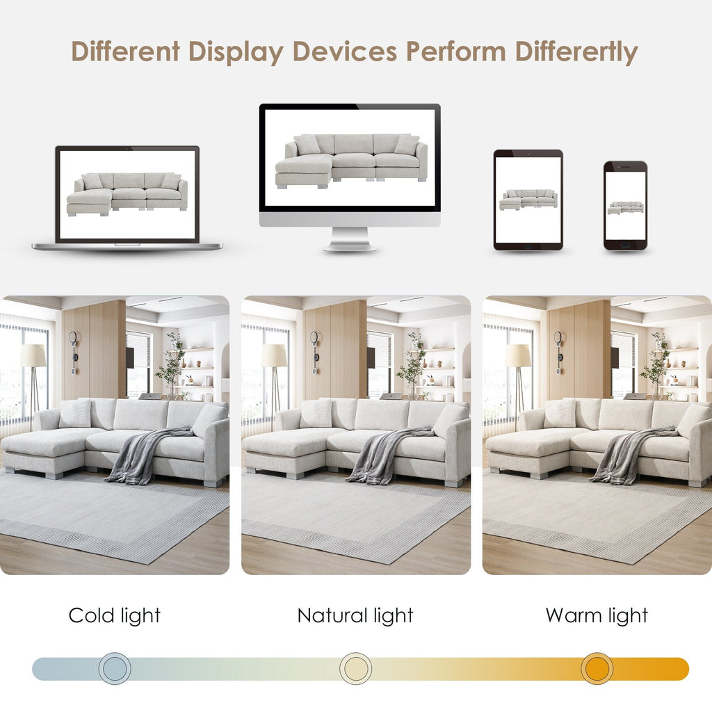 Canapé d'angle Cloud, ensemble de canapé de luxe en forme de L avec 2 coussins offerts, mobilier d'intérieur 4 places en chenille avec méridienne surdimensionnée