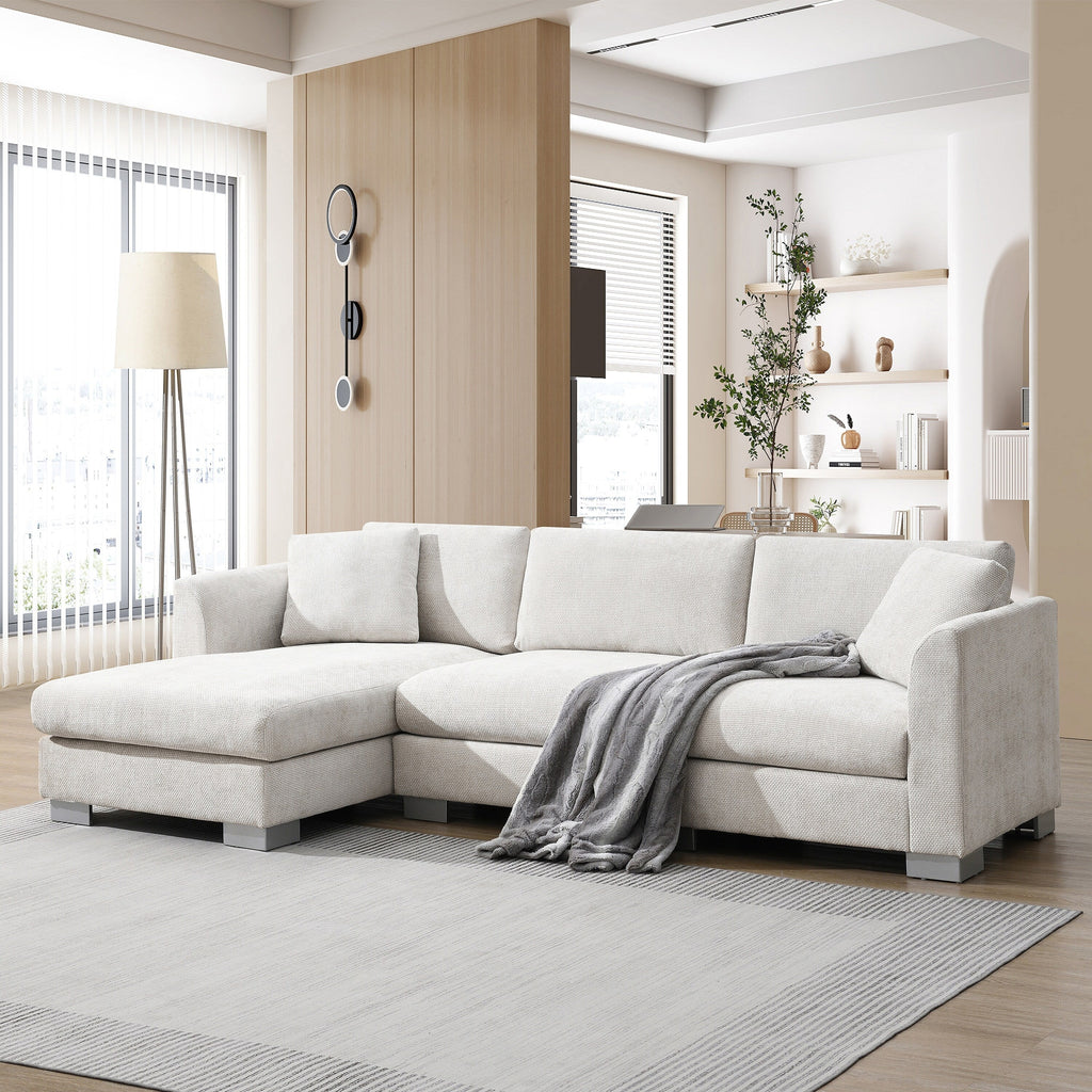 Canapé d'angle Cloud, ensemble de canapé de luxe en forme de L avec 2 coussins offerts, mobilier d'intérieur 4 places en chenille avec méridienne surdimensionnée