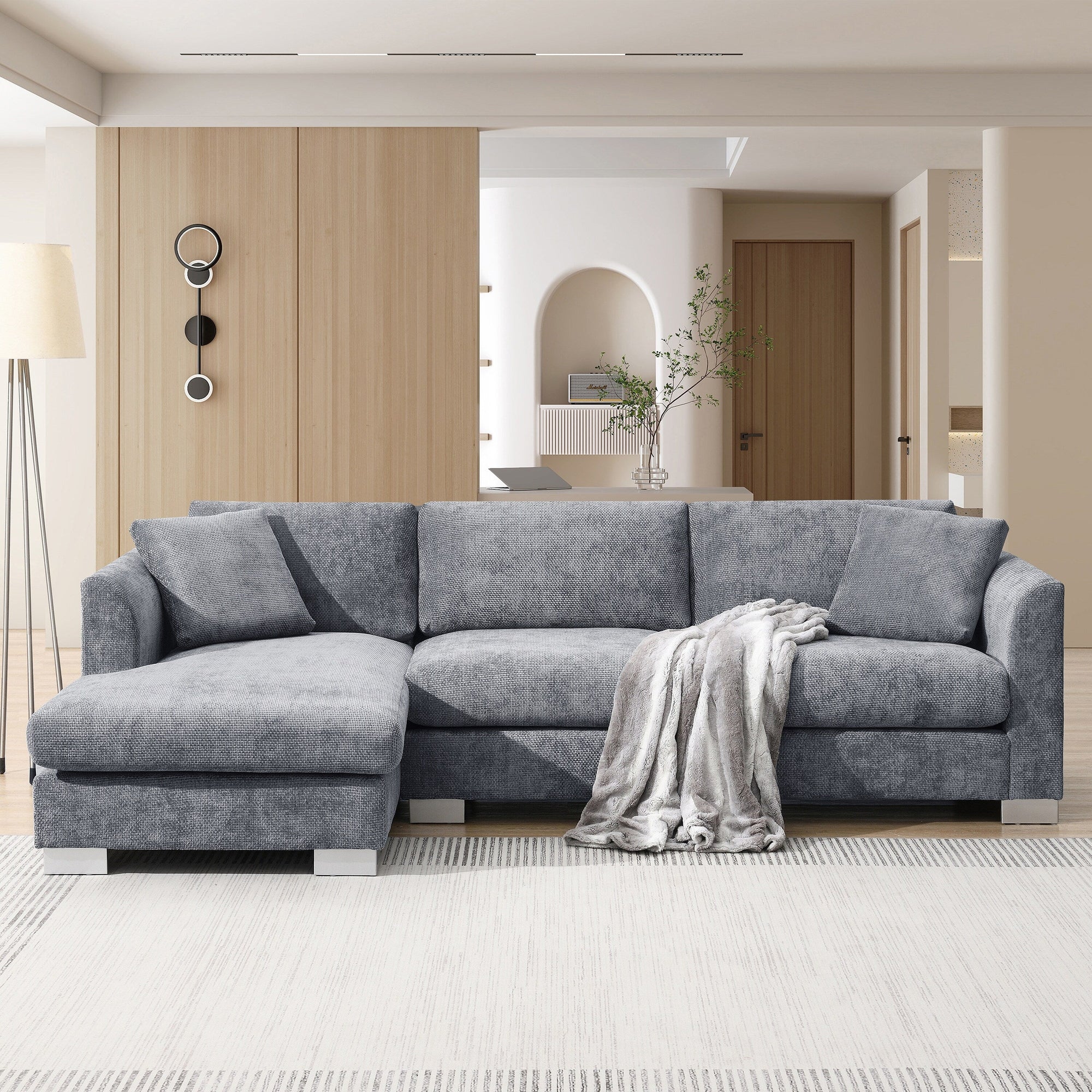 Canapé d'angle Cloud, ensemble de canapé de luxe en forme de L avec 2 coussins offerts, mobilier d'intérieur 4 places en chenille avec méridienne surdimensionnée