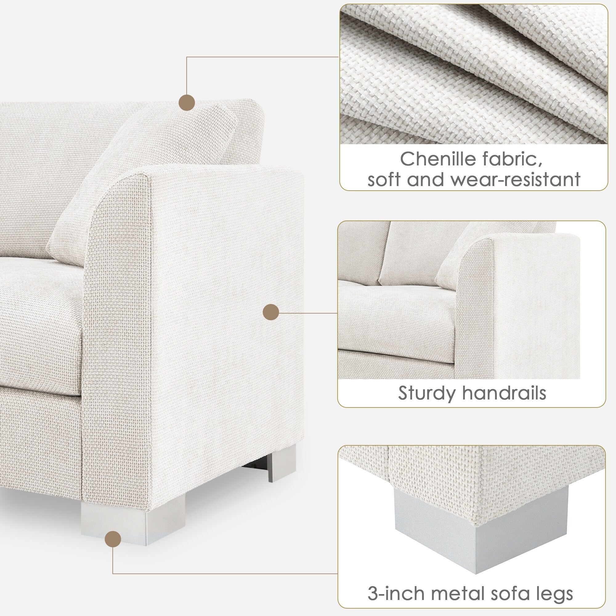 Canapé d'angle Cloud, ensemble de canapé de luxe en forme de L avec 2 coussins offerts, mobilier d'intérieur 4 places en chenille avec méridienne surdimensionnée
