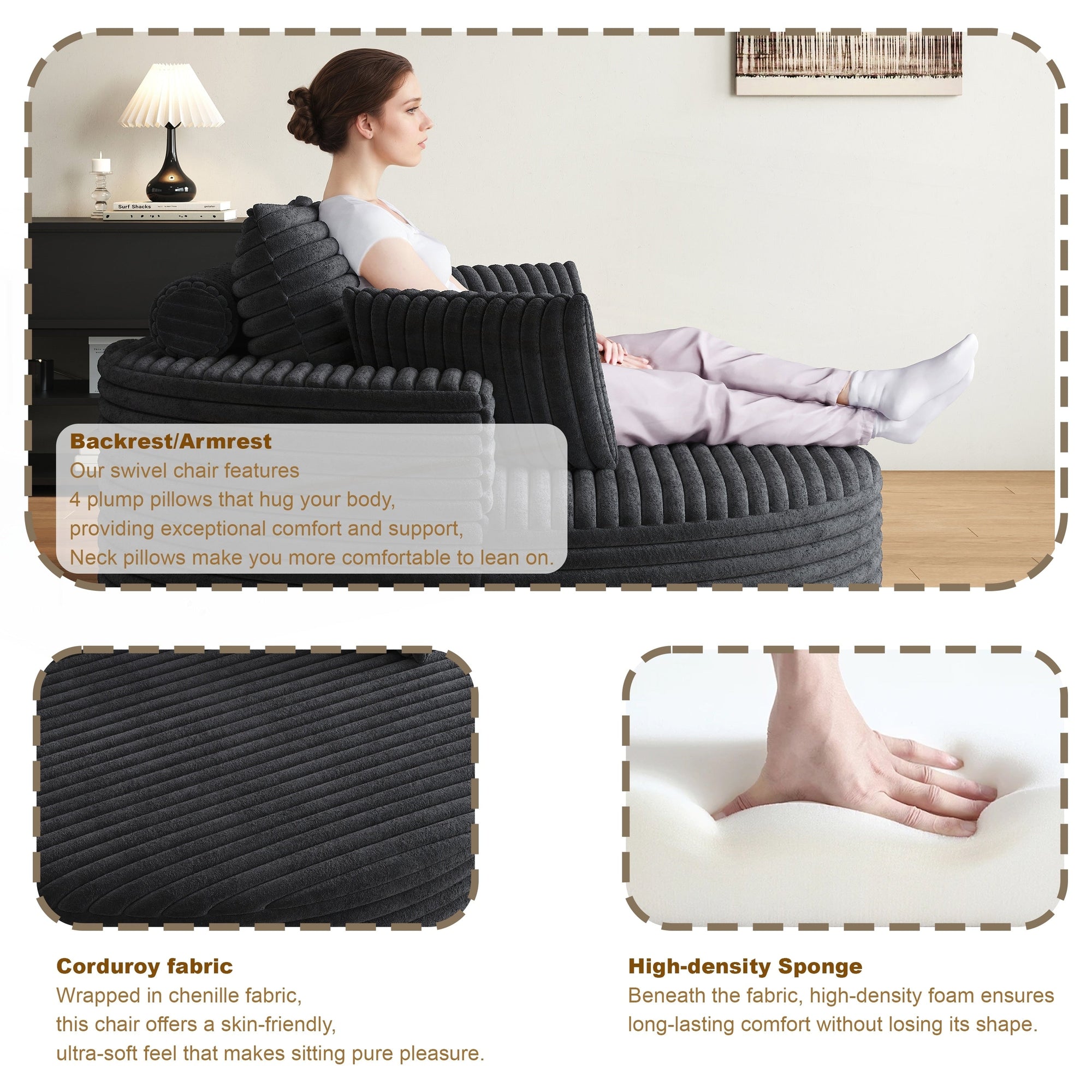 Fauteuil pivotant simple en velours côtelé et mousse chenille