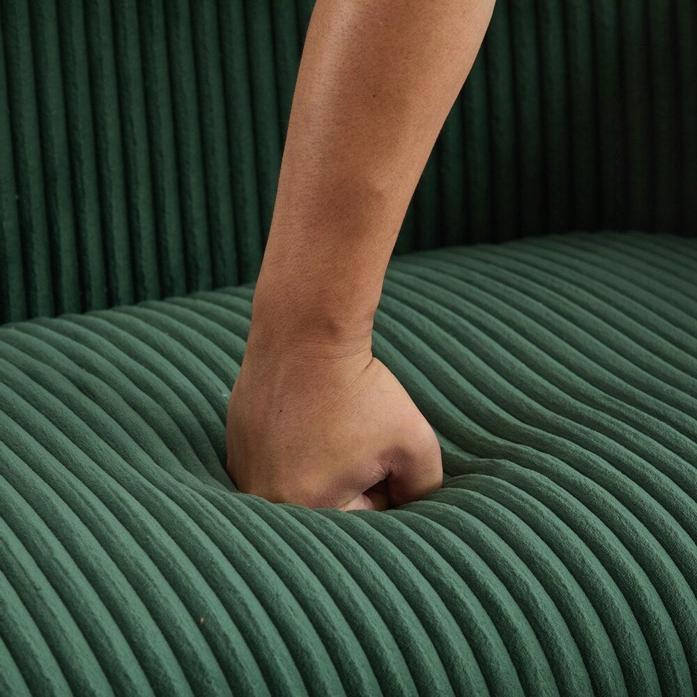 Canapé 2 places recouvert de tissu velours côtelé avec pieds en noyer