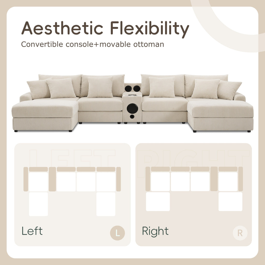 Canapé d'angle en velours côtelé avec haut-parleurs Bluetooth, chargeur USB, porte-gobelets, rangement, pouf et assise profonde et large.