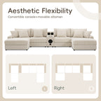 Canapé d'angle en velours côtelé avec haut-parleurs Bluetooth, chargeur USB, porte-gobelets, rangement, pouf et assise profonde et large.