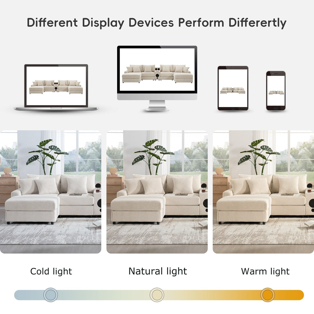 Canapé d'angle en velours côtelé avec haut-parleurs Bluetooth, chargeur USB, porte-gobelets, rangement, pouf et assise profonde et large.