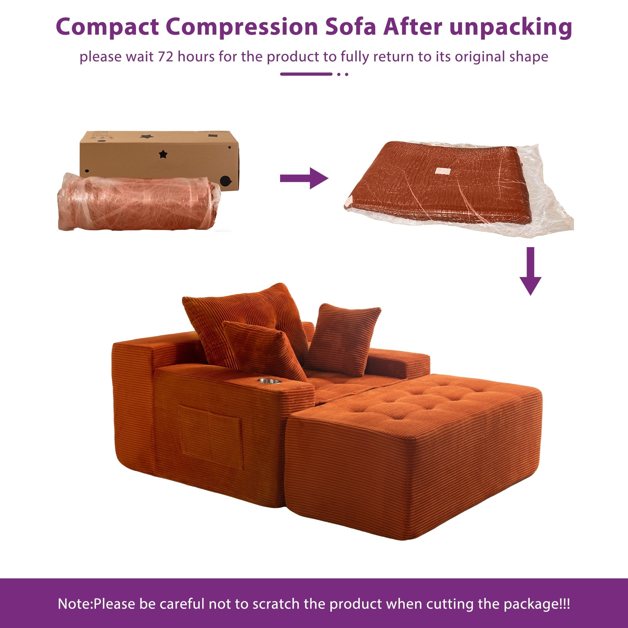 Canapé en velours côtelé avec pouf intégré et mousse à mémoire de forme - 123 cm (L) x 172 cm (l) x 62 cm (H)