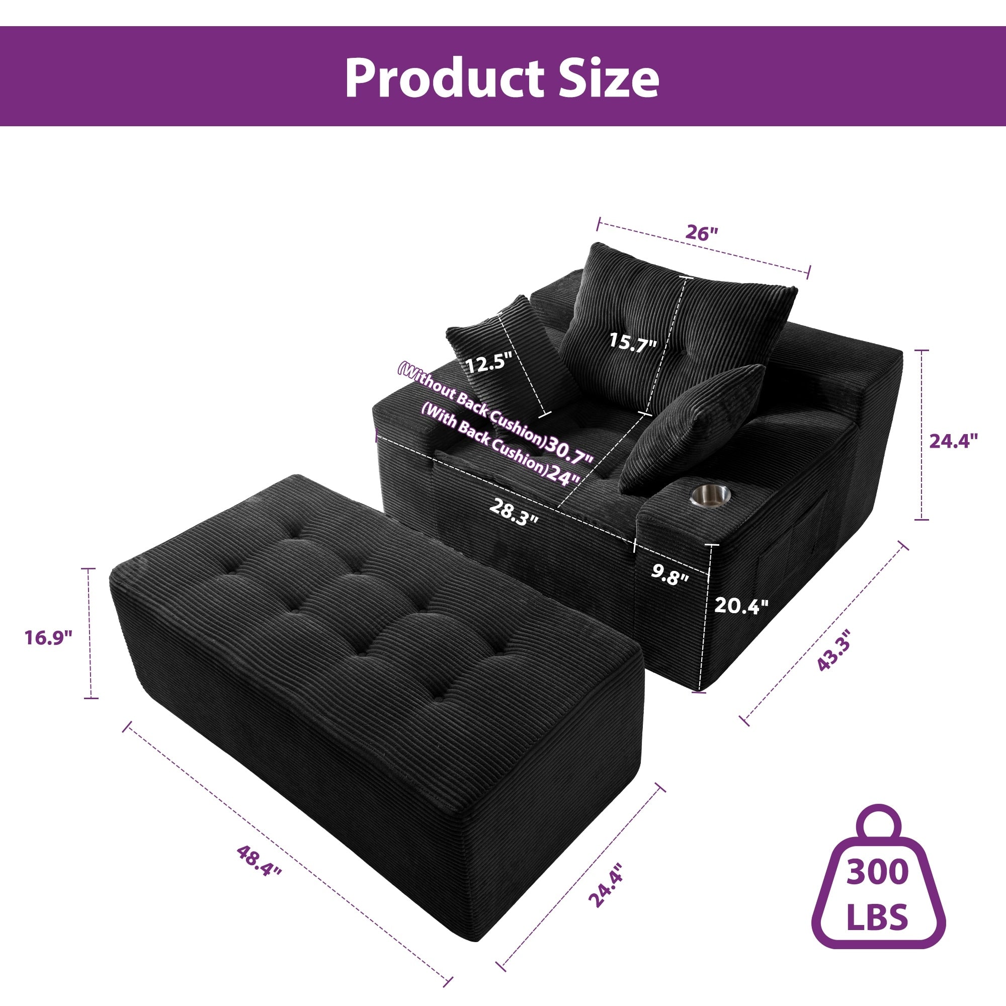Canapé en velours côtelé avec pouf intégré et mousse à mémoire de forme - 123 cm (L) x 172 cm (l) x 62 cm (H)