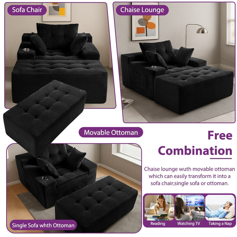 Canapé en velours côtelé avec pouf intégré et mousse à mémoire de forme - 123 cm (L) x 172 cm (l) x 62 cm (H)