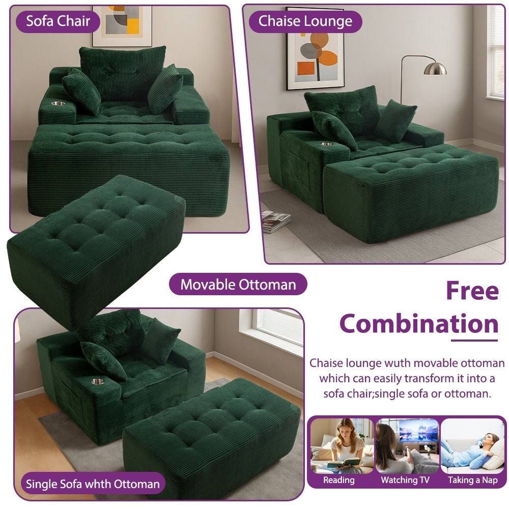 Canapé en velours côtelé avec pouf intégré et mousse à mémoire de forme - 123 cm (L) x 172 cm (l) x 62 cm (H)