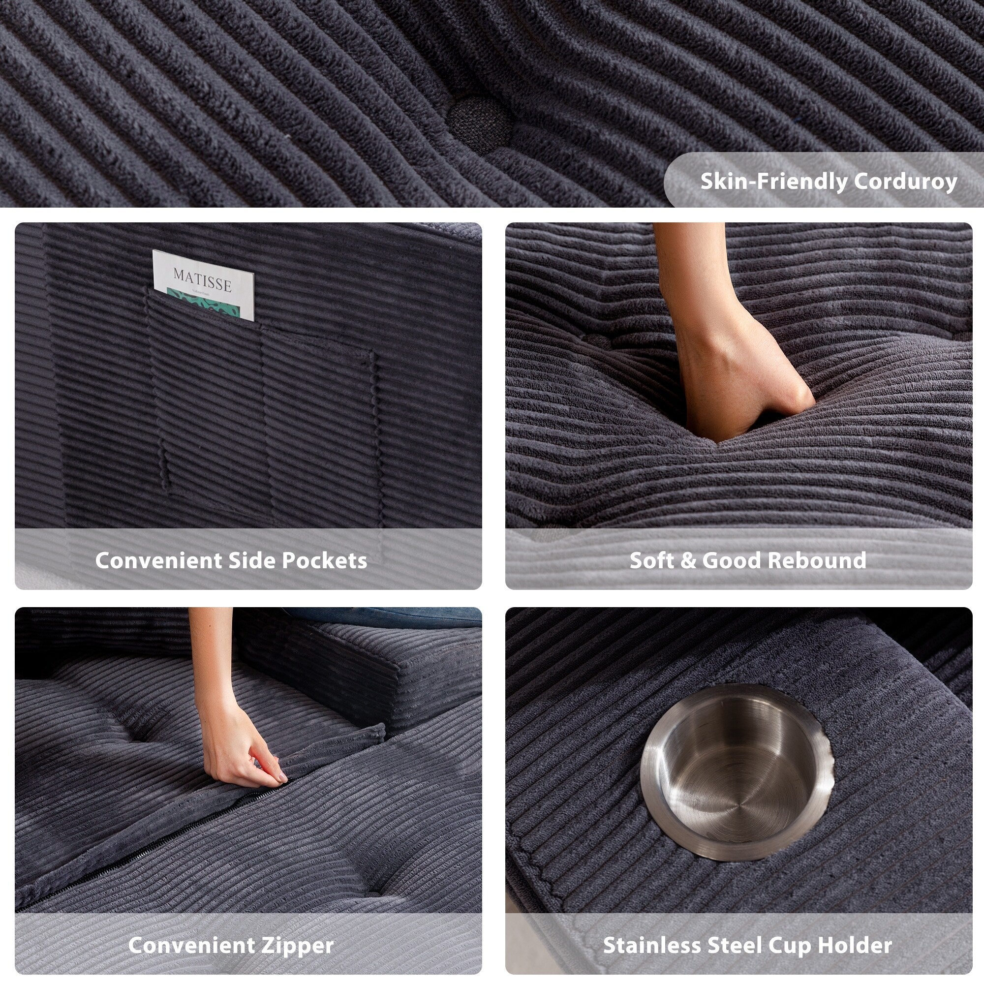 Canapé en velours côtelé avec pouf intégré et mousse à mémoire de forme - 123 cm (L) x 172 cm (l) x 62 cm (H)