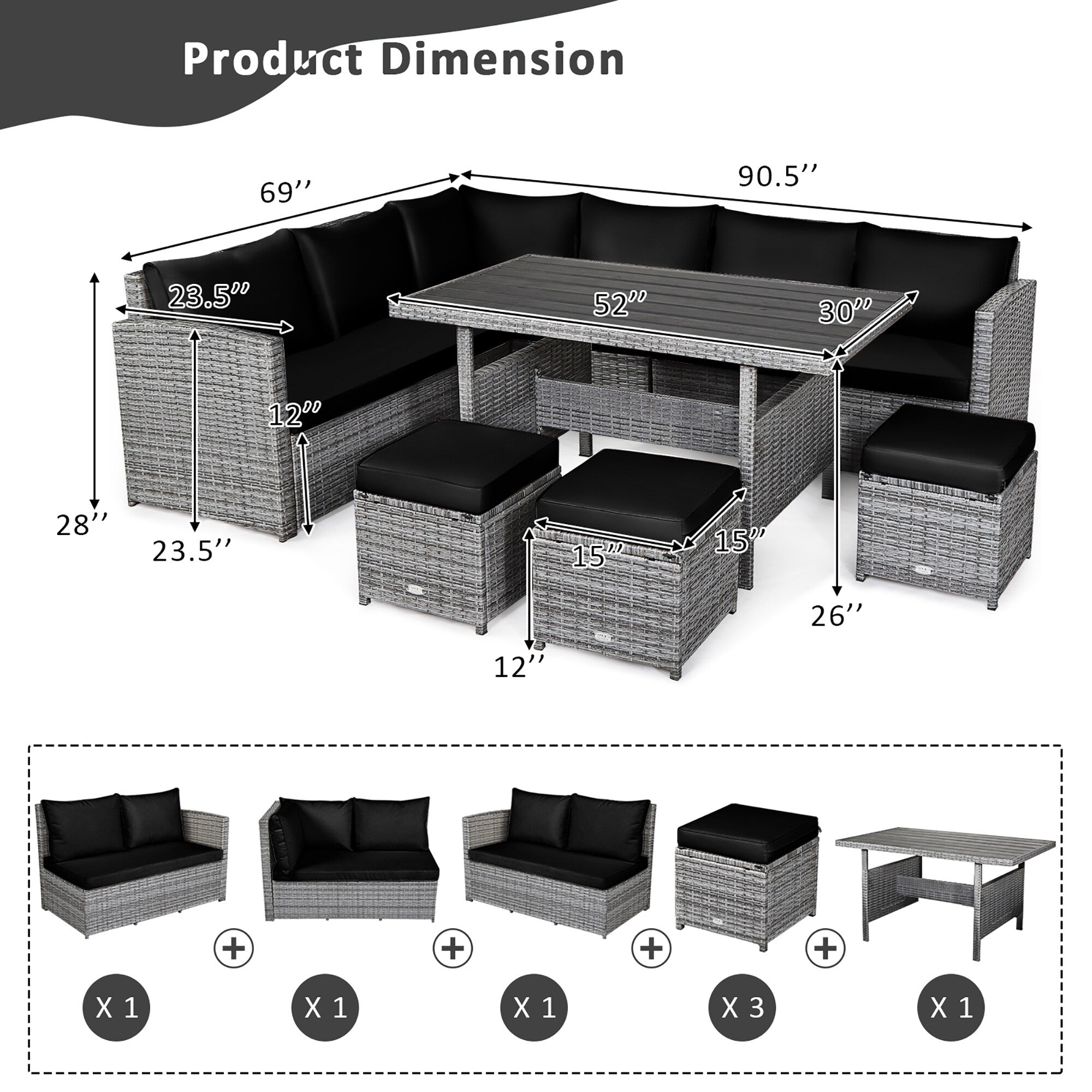 Ensemble de salle à manger d'extérieur Costway 7 pièces en rotin, comprenant canapé d'angle, pouf et fauteuil - Voir les détails