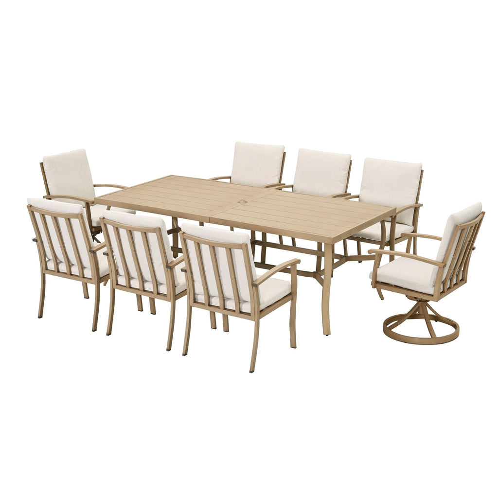 Ensemble de salle à manger de patio en aluminium EGEIROS LIFE AluLux 9 pièces avec 2 chaises de salle à manger pivotantes, 6 chaises de salle à manger et coussins lavables