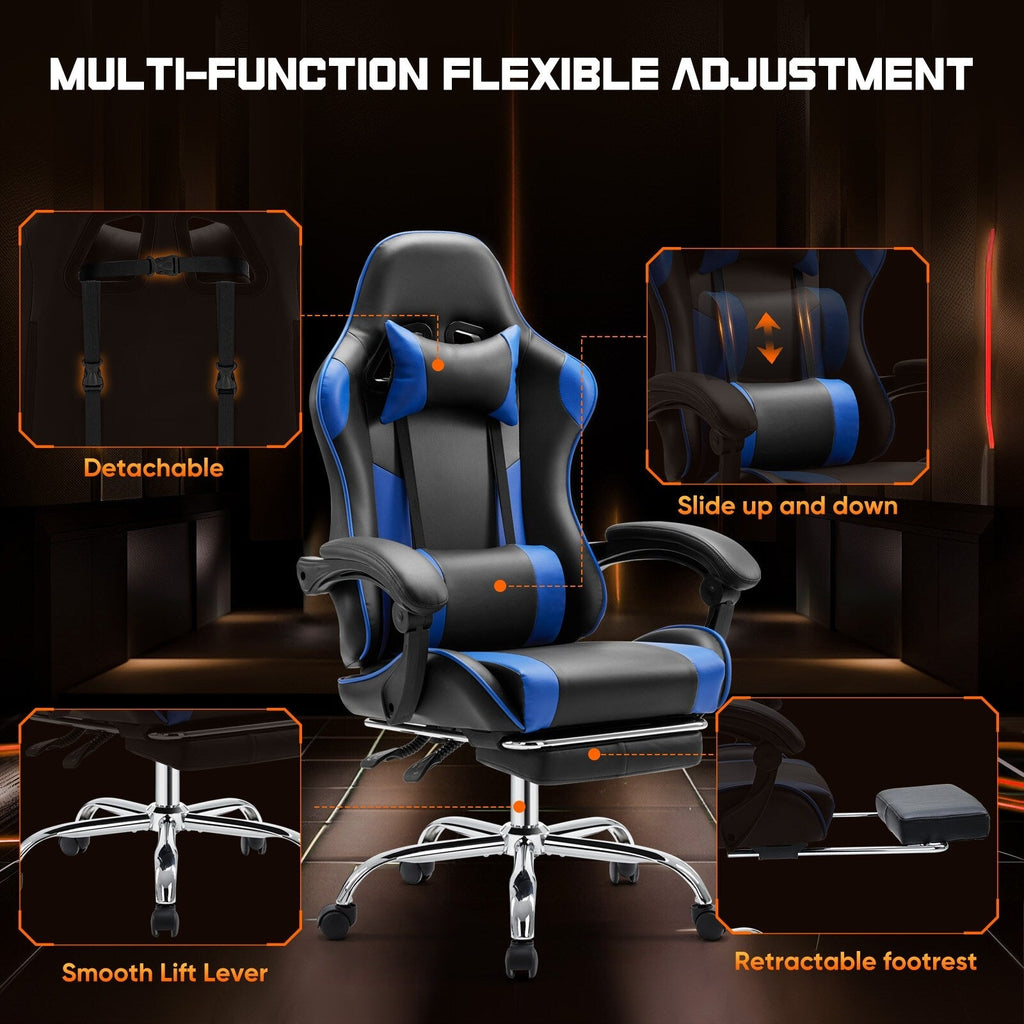 Fauteuil de jeu ergonomique pivotant à 360° en cuir PU avec repose-pieds, appui-tête, soutien lombaire et hauteur réglable