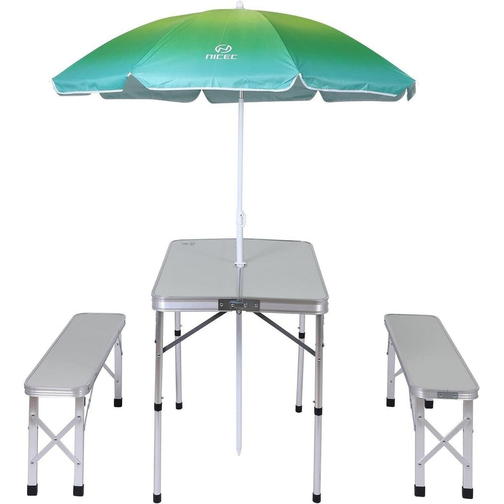 Table de pique-nique pliante avec parasol, idéale pour le camping, la terrasse ou les fêtes en plein air - Blanche avec parasol