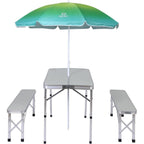 Table de pique-nique pliante avec parasol, idéale pour le camping, la terrasse ou les fêtes en plein air - Blanche avec parasol