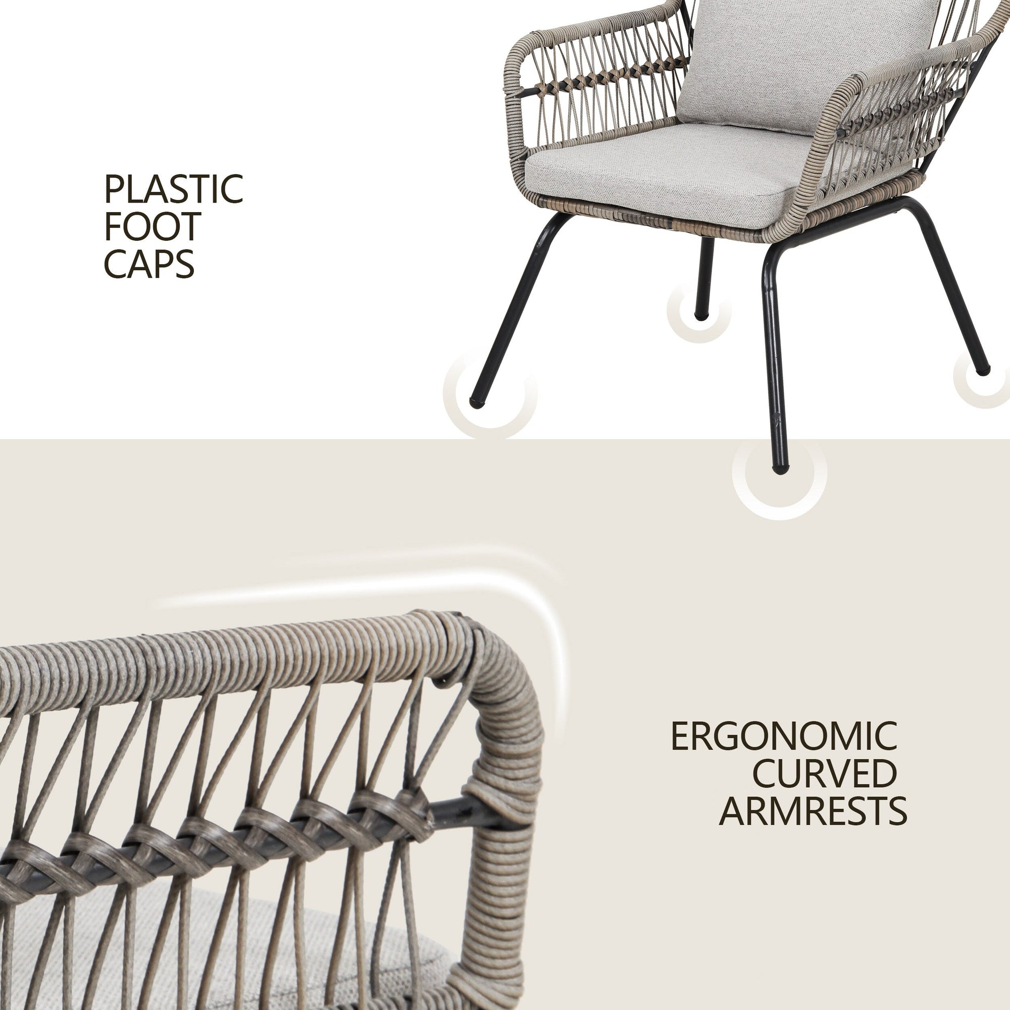 Ensemble bistro de conversation en résine tressée 3 pièces pour extérieur, mobilier de patio en rotin résistant aux intempéries avec coussins