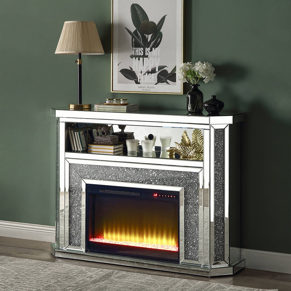 ACME Noralie Mirrored & Faux Diamonds Fireplace with LED Model AC00508