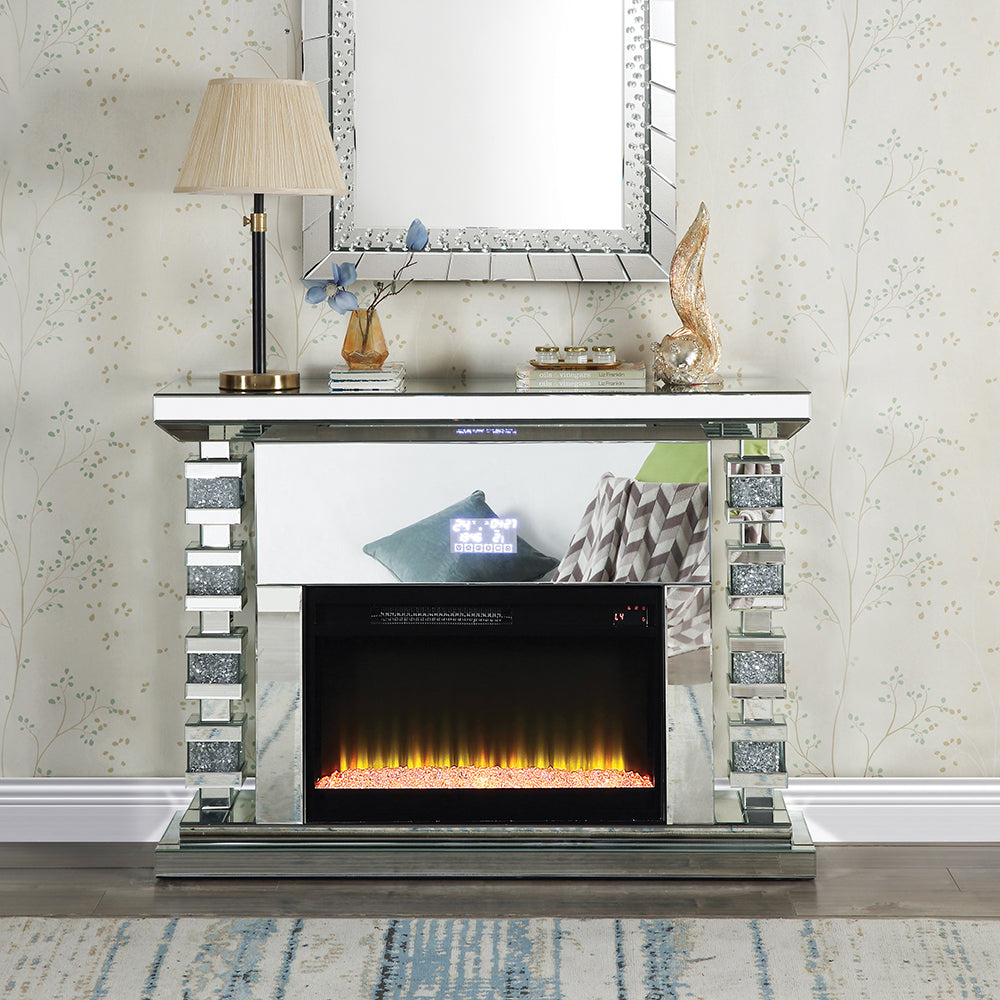 ACME Noralie Mirrored & Faux Diamonds Fireplace with Bluetooth Model AC00509