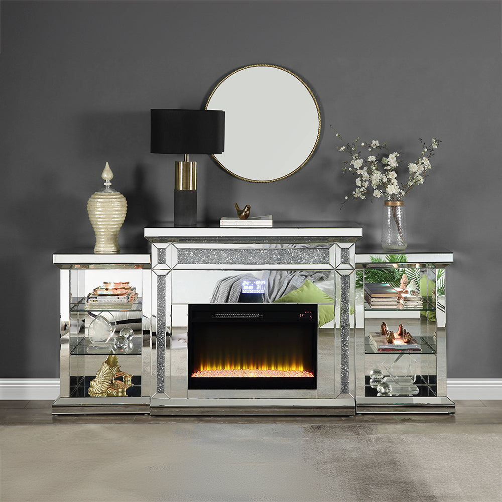 ACME Noralie Mirrored & Faux Diamonds Fireplace with LED & Bluetooth Model AC00518