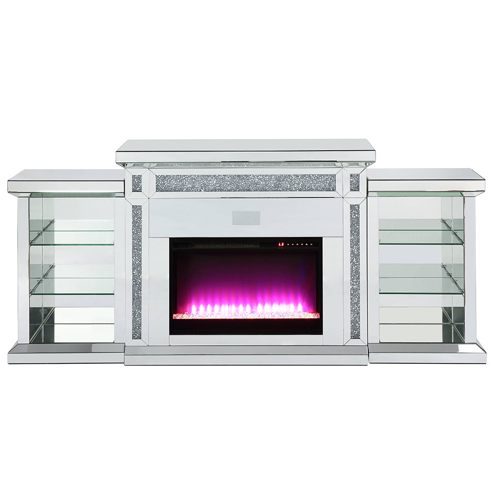 ACME Noralie Mirrored & Faux Diamonds Fireplace with LED & Bluetooth Model AC00518