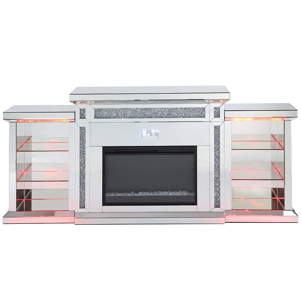 ACME Noralie Mirrored & Faux Diamonds Fireplace with LED & Bluetooth Model AC00518