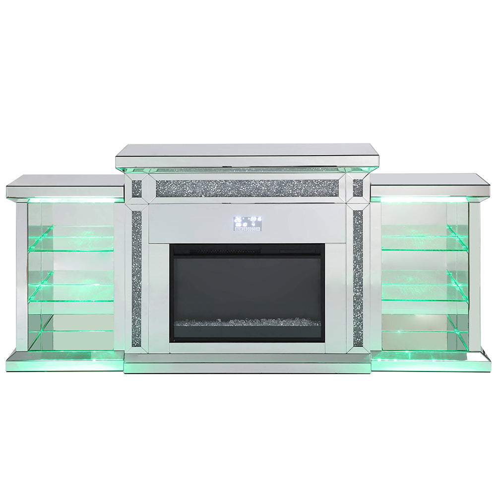 ACME Noralie Mirrored & Faux Diamonds Fireplace with LED & Bluetooth Model AC00518