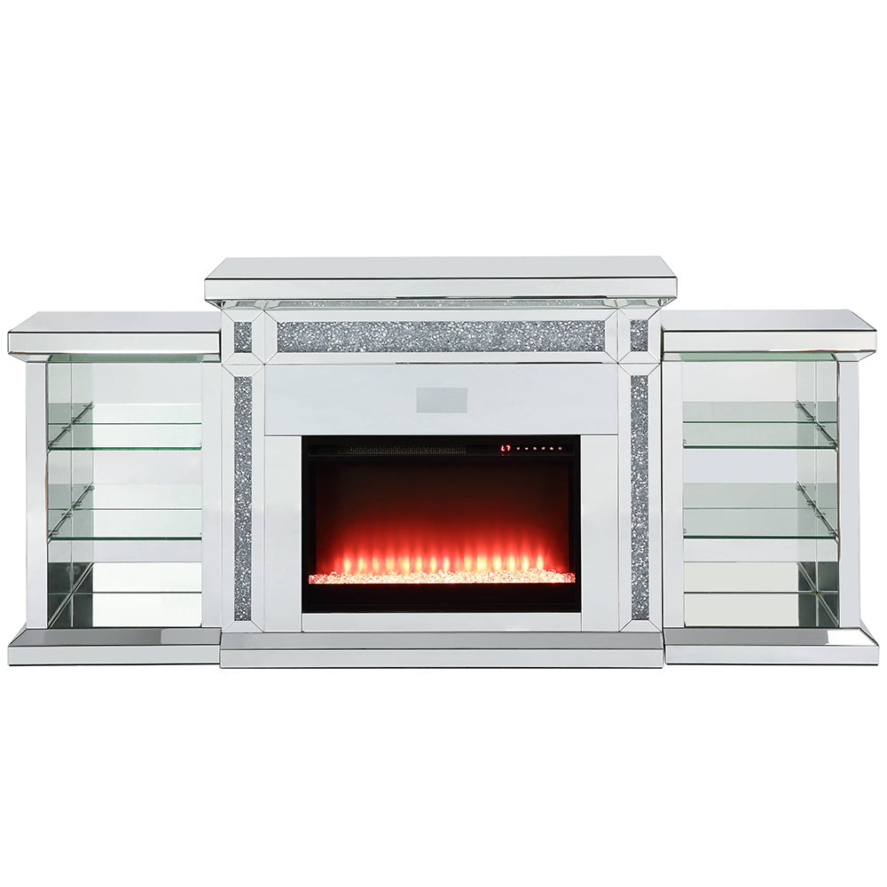 ACME Noralie Mirrored & Faux Diamonds Fireplace with LED & Bluetooth Model AC00518