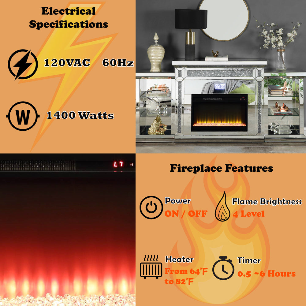 ACME Noralie Mirrored & Faux Diamonds Fireplace with LED & Bluetooth Model AC00518