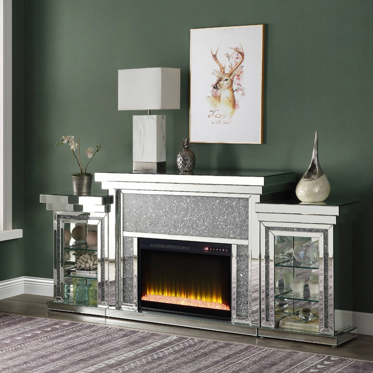 ACME Noralie Mirrored & Faux Diamonds Fireplace with LED Model AC00524