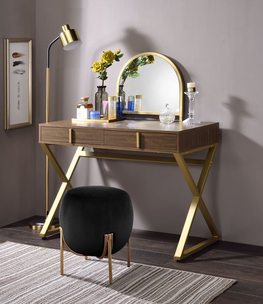 ACME Coleen Walnut & Gold Vanity Desk with Mirror & Jewelry Tray Model AC00665